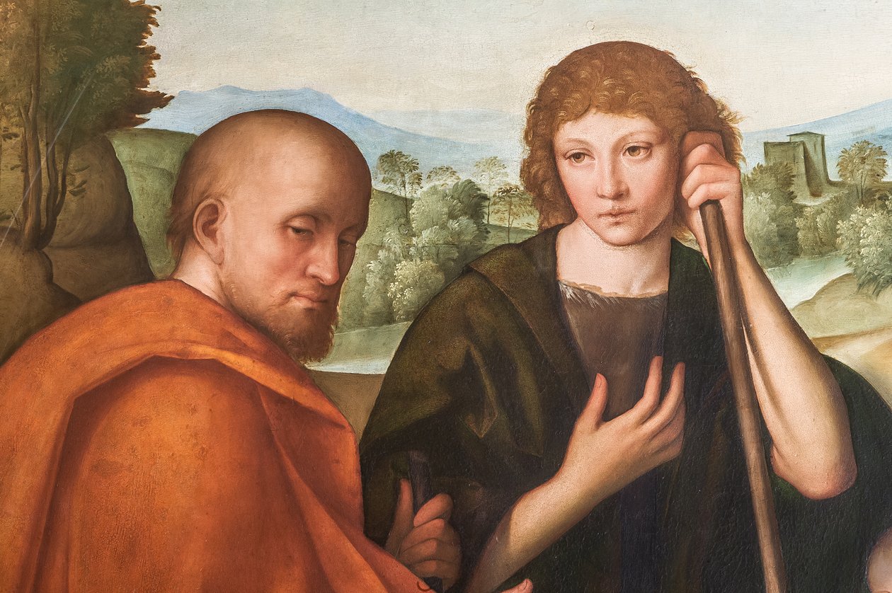 Tillbedjan av herdarna Madonna med spädbarnet Jesus och två herdar, detalj av 2384594 av Boccaccio Boccaccino