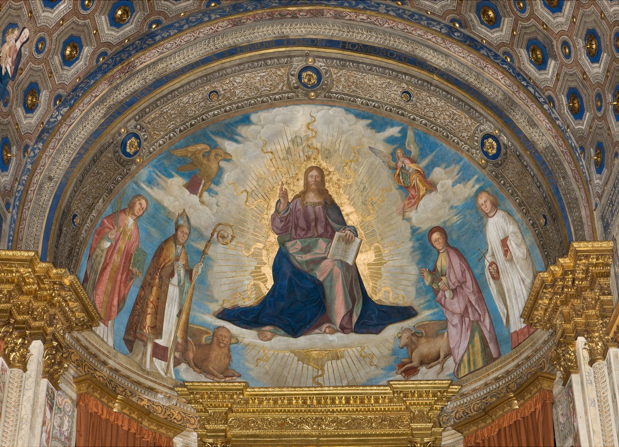 Aps, Catino Apse, Boccaccio Boccaccino, Pantokrator bland heliga Marcellino, Imerio, Omobono, Peter Exorcist av Boccaccio Boccaccino
