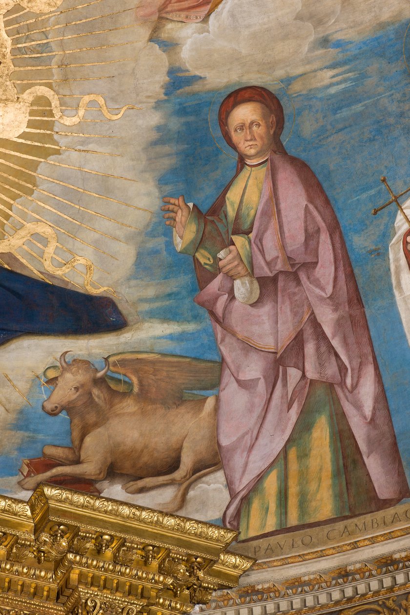 Aps, Catino Aps, Boccaccio Boccaccino, Pantokrator bland de heliga Marcellino, Imerio, Omobono, Peter Exorcist, Detalj St. Omobono av Boccaccio Boccaccino