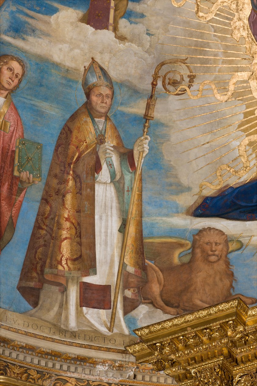 Apsid, Catino Apsid, Boccaccio Boccaccino, Pantokrator bland heliga Marcellino, Imerio, Omobono, Peter Exorcist, Detalj av St. Imerio av Boccaccio Boccaccino