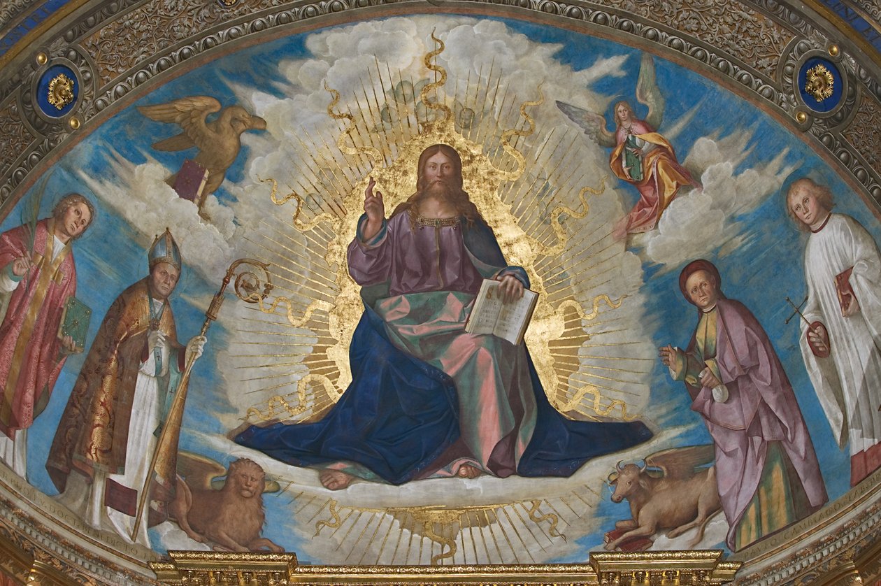 Återlösaren i ära bland St Himerius, St Marcellinus, St Omobono och St Peter, och evangelisternas symboler av Boccaccio Boccaccino