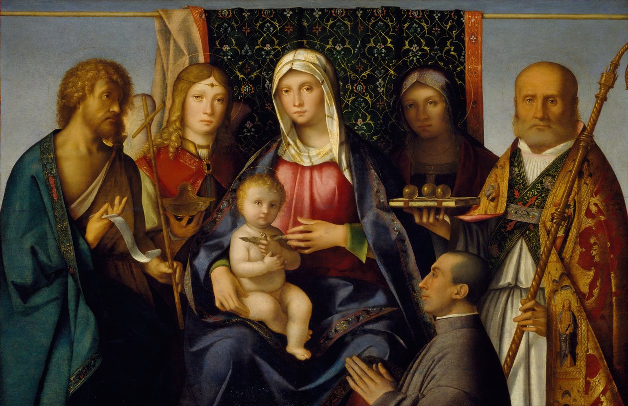 Jungfru och barn med heliga och en donator, 1505-1515. av Boccaccio Boccaccino