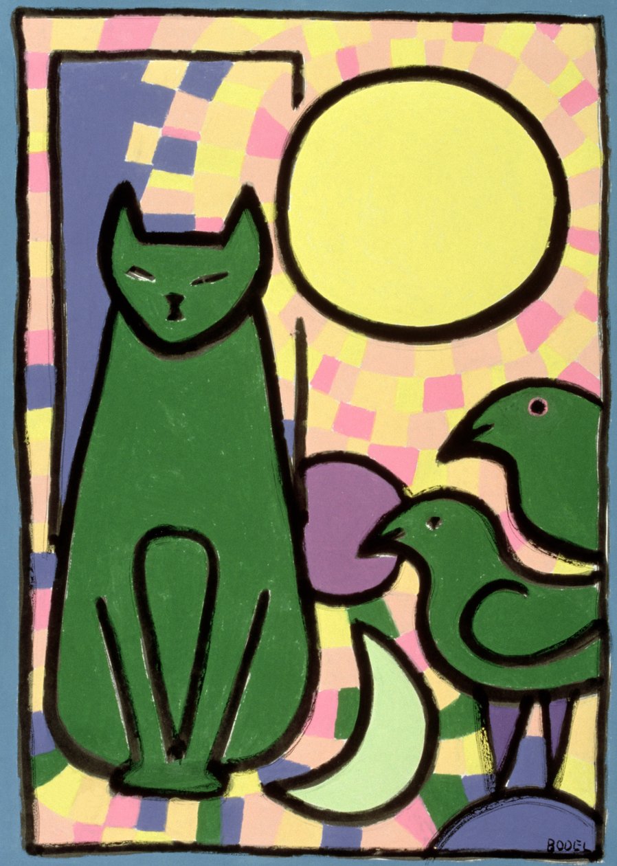 Sun Cat, 2000 (olja, pastell & indiskt bläck på papper) av Bodel Rikys