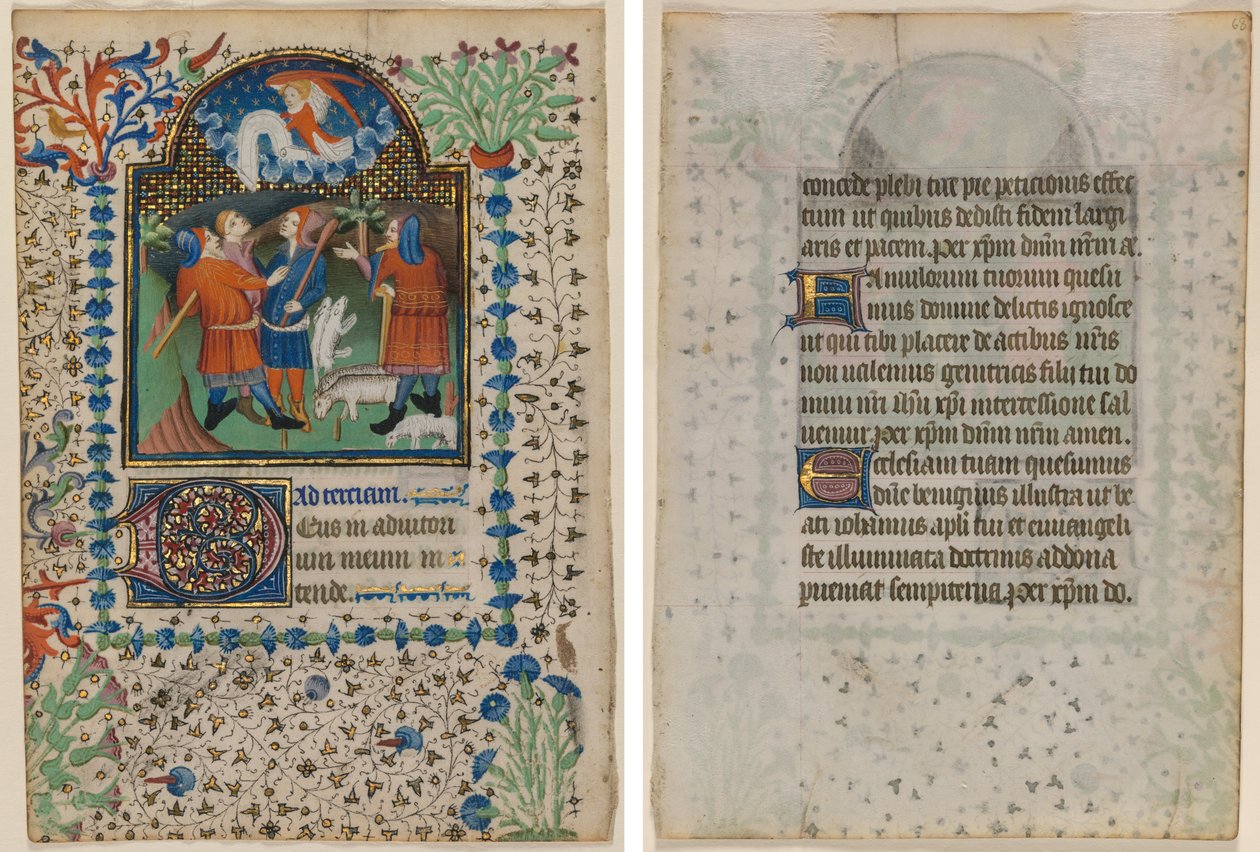 Blad från en timbok: Bebådelse till herdarna (recto) och text (verso) av Boethius Illuminator