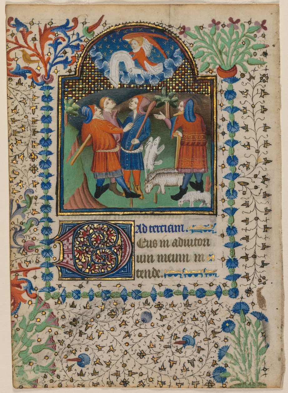 Leaf from a Book of Hours: Annunciation to the Shepherds recto, ca. 1410-20. av Boethius Illuminator