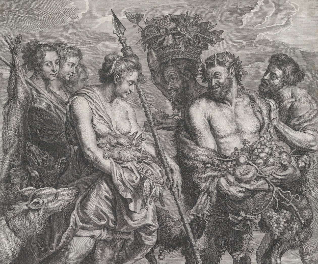 Diana återvände från jakten, åtföljd av hundar och hennes nymfer till vänster, två satt..., ca. 1640-59. av Boetius Adams Bolswert