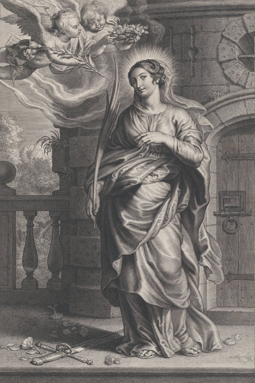 Saint Barbara håller palmblad med ett svärd och blommor vid sina fötter, två putti o..., ca. 1625-59. av Boetius Adams Bolswert