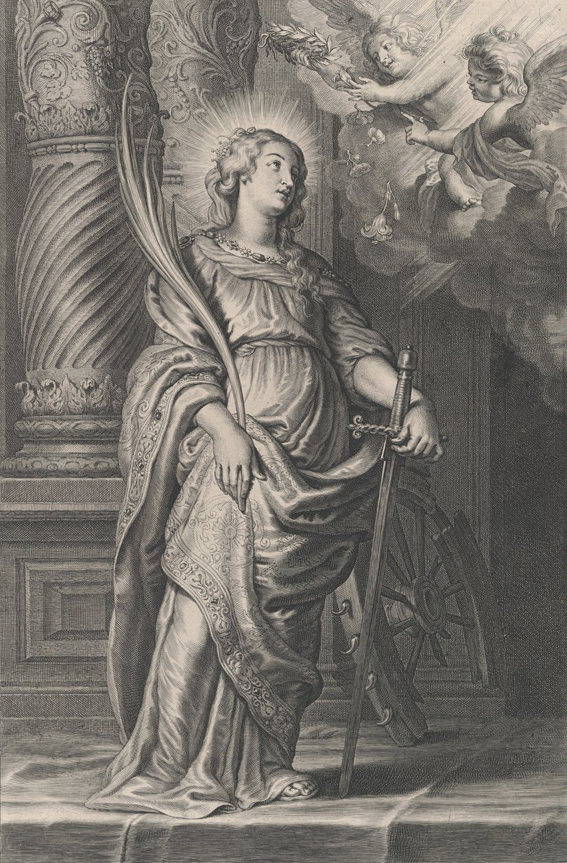 Saint Catherine håller palmblad och ett svärd, två putti över huvudet håller en laura..., ca. 1625-59. av Boetius Adams Bolswert