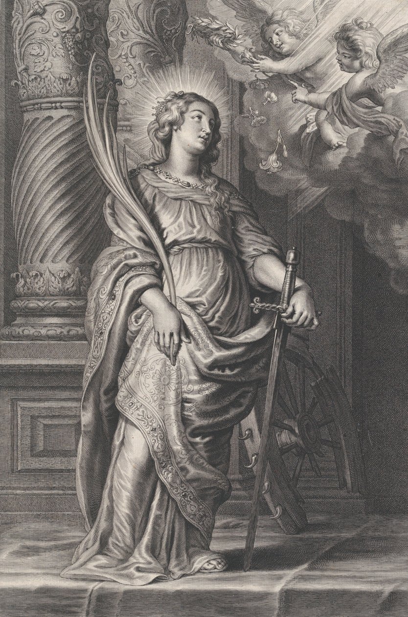 Saint Catherine håller palmblad och ett svärd, två putti över huvudet håller en laura..., ca. 1625-59. av Boetius Adams Bolswert