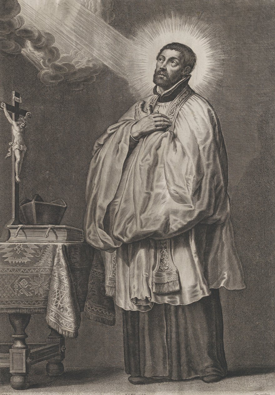 Saint Francis Xavier med ett gudomligt ljus som emanerar mot honom från det övre vänstra,..., ca. 1623-33. av Boetius Adams Bolswert