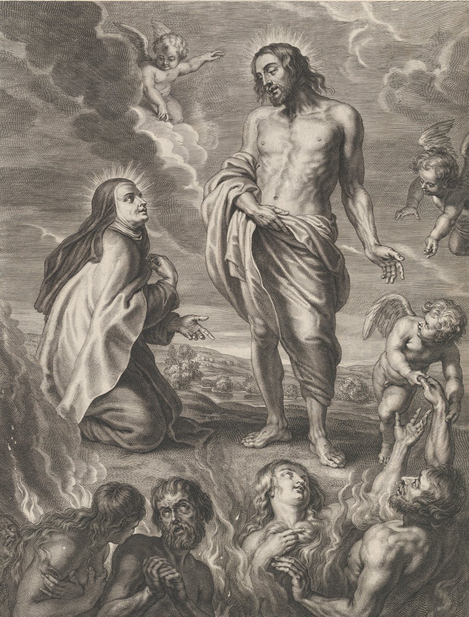 Sankta Teresa av Avila går i förbön för Bernardino de Mendoza, ca. 1640-59. av Boetius Adams Bolswert