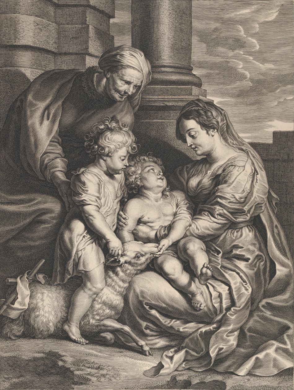 Jungfru- och Kristusbarnet med Saint Anne och Saint John the Baptist, ca. 1640-59.. av Boetius Adams Bolswert