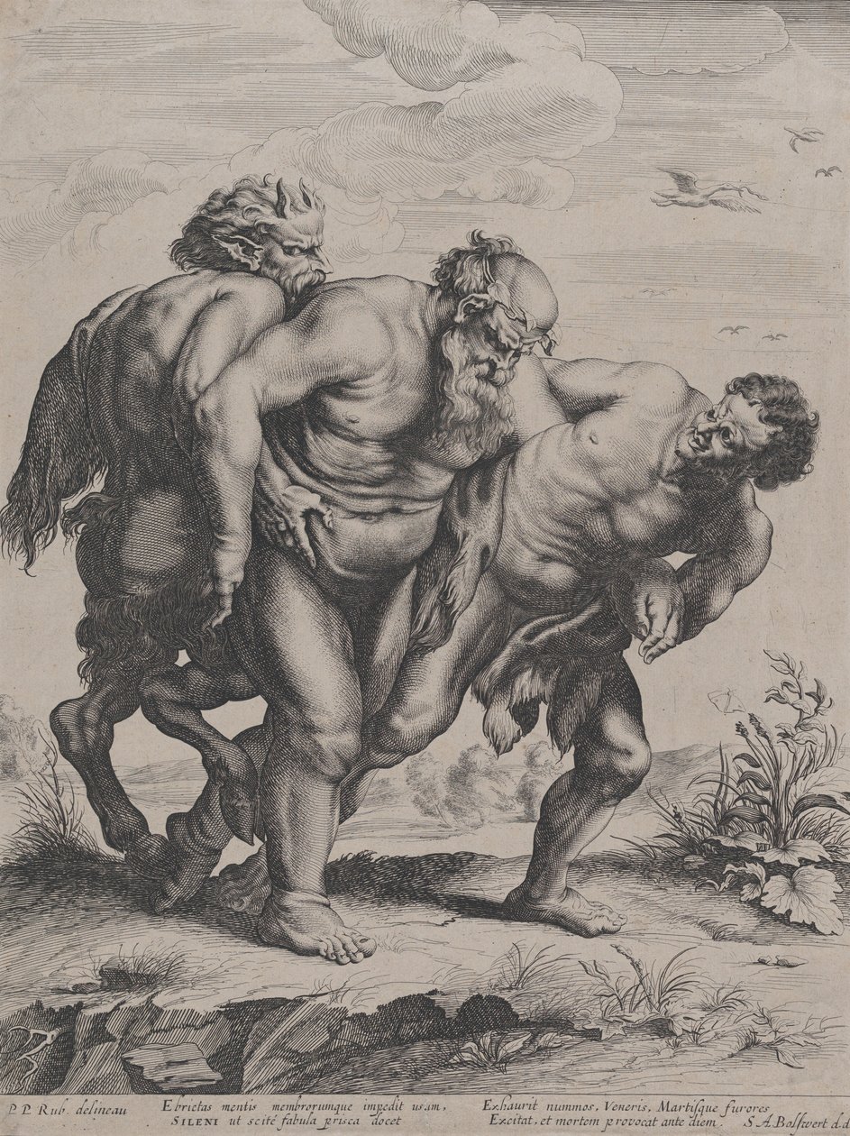 Den berusade Silenus, stödd av en Satyr och en Faun, 1625-5 av Boetius Adams Bolswert