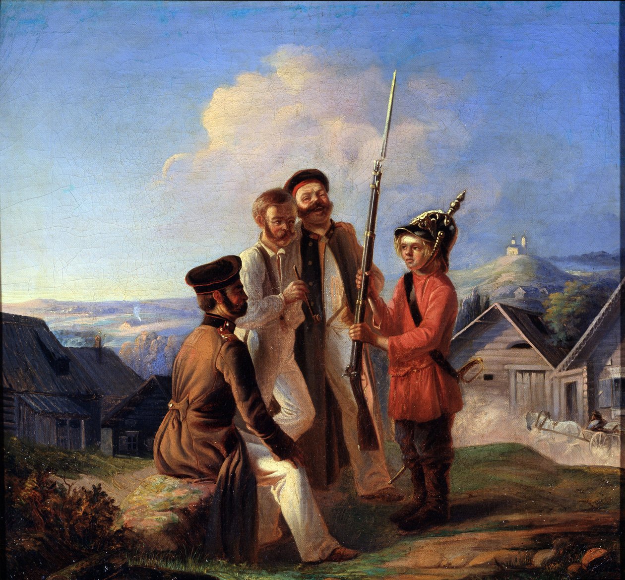 Militär uppgörelse. Soldater gör narr av en ung pojke som de gav en hjälm och en pistol. Målning av Bogdan Bogdanovich Greim (cirka 1827-1885), olja på duk. Rysk konst från 1800-talet. Statens konstmuseum i Republiken Kar av Bogdan Bogdanovic Greim