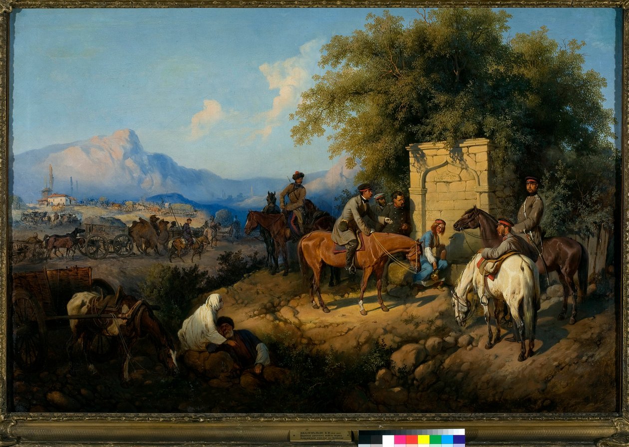 Ryska trupper korsar Kaukasusbergen i Adjara (Georgien) (ryska styrkor korsar Kaukasusbergen i Adjara) (Kaukasusstammarnas uppror mellan 1830 och 1860) - Målning av Gottfried (Bogdan Pavlovich) Willewalde (1818-1903), olja av Bogdan Willewalde