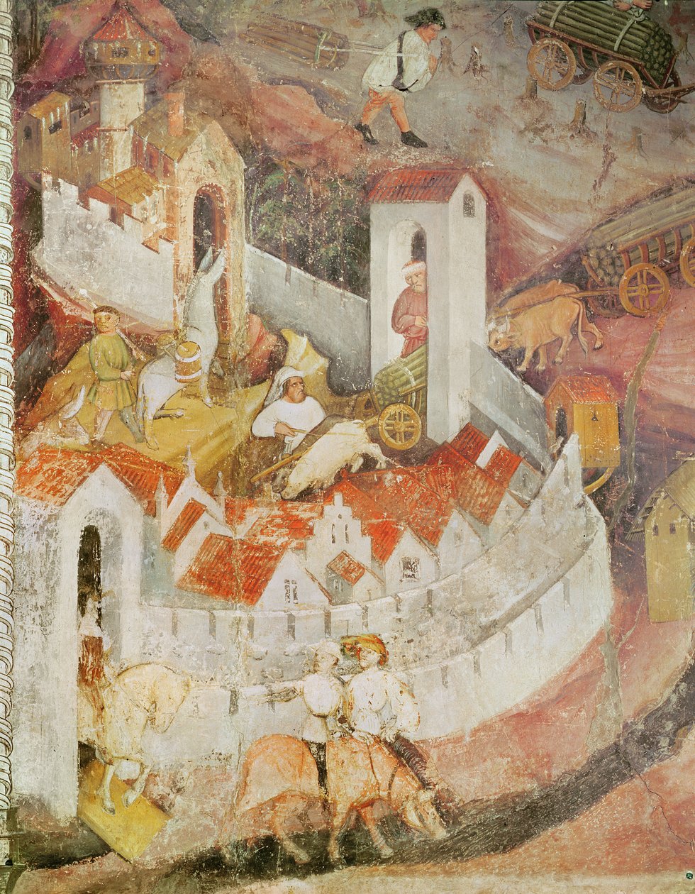 December månad, detalj av transport av trädstammar, ca 1400 av Bohemian School