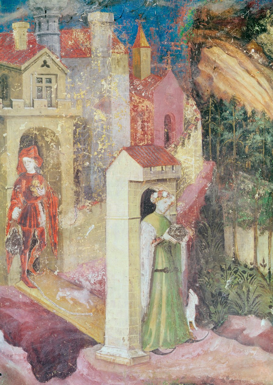 Juni månad, detalj av ett par som går på promenad, ca 1400 av Bohemian School