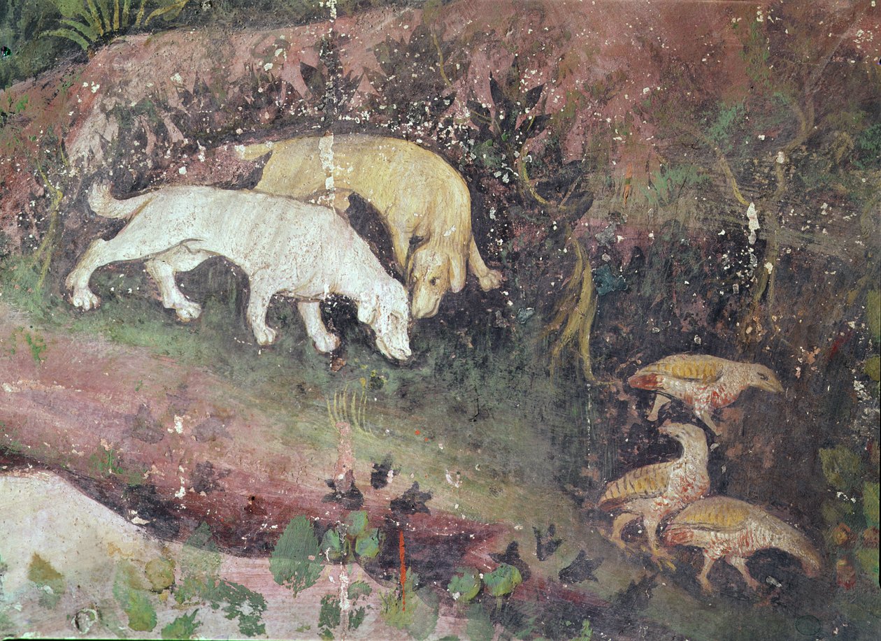 Juni månad, detalj av hundar och rapphöns, c.1400 av Bohemian School