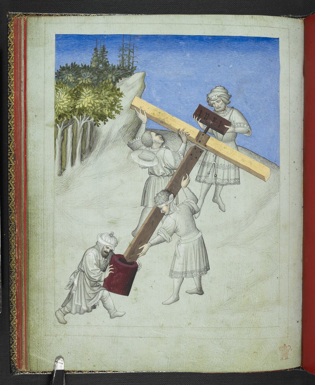 Lägg till 24189, f.11v, Kristi korsmontering, av fyra olika träslag, avbildade i olika färger, från 