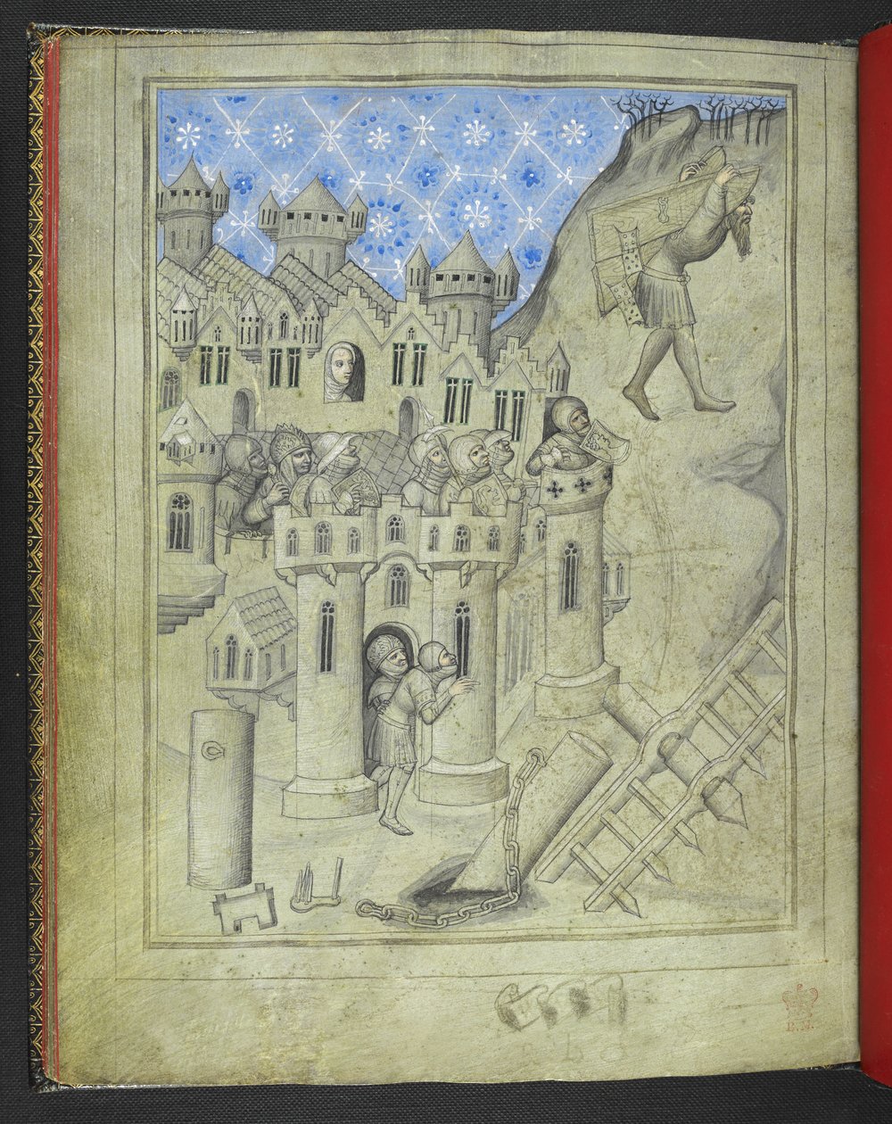 Lägg till 24189. f.16v, Simson som bär Gazas portar, bevakad från stadsmuren av pansarsoldater och, vid ett fönster, Delilah, från 