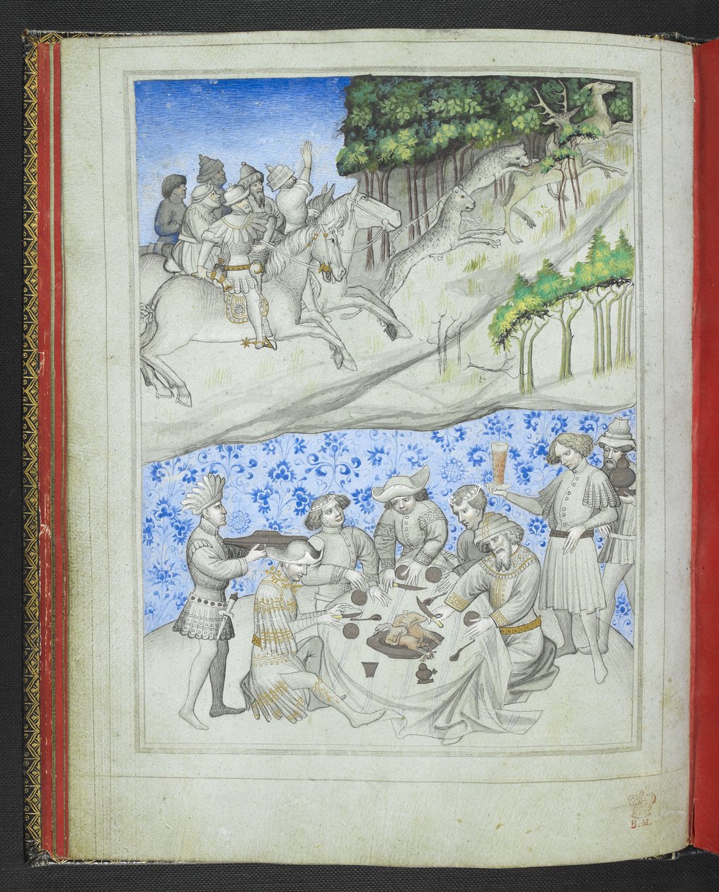 Lägg till 24189, f.5v, Rekreation på Cypern med, ovanför, en hjortjakt med leoparder och, nedanför, en fest, från 