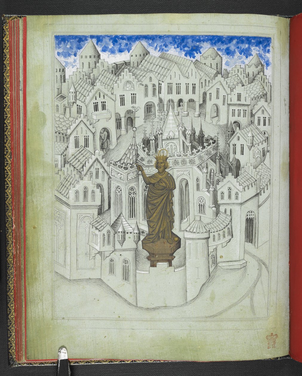 Lägg till 24189, f.9v, Staden Konstantinopel, med en stor staty av kejsar Justinianus stående framför katedralen St Sophia, från 