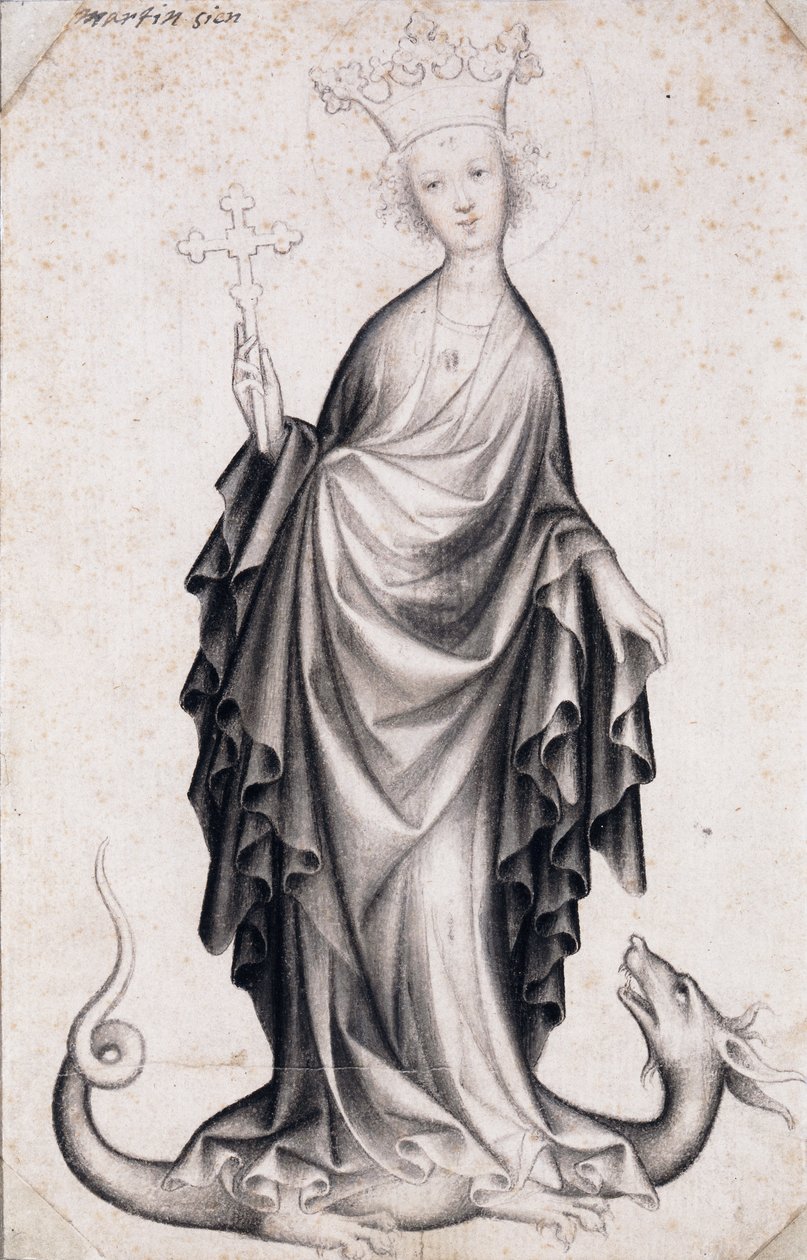 Sankta Margareta av Antiokia (död omkring 305) (sanka Margareta) (hon håller ett krucifix och trampar en drake) - Verk av en bohemisk mästare (aktiv 1410-1420), penna och pensel på papper (21,4x14 cm) , omkring 1410 - Szepmuveszeti Muzeum, Budapest (Ungern av Bohemian School