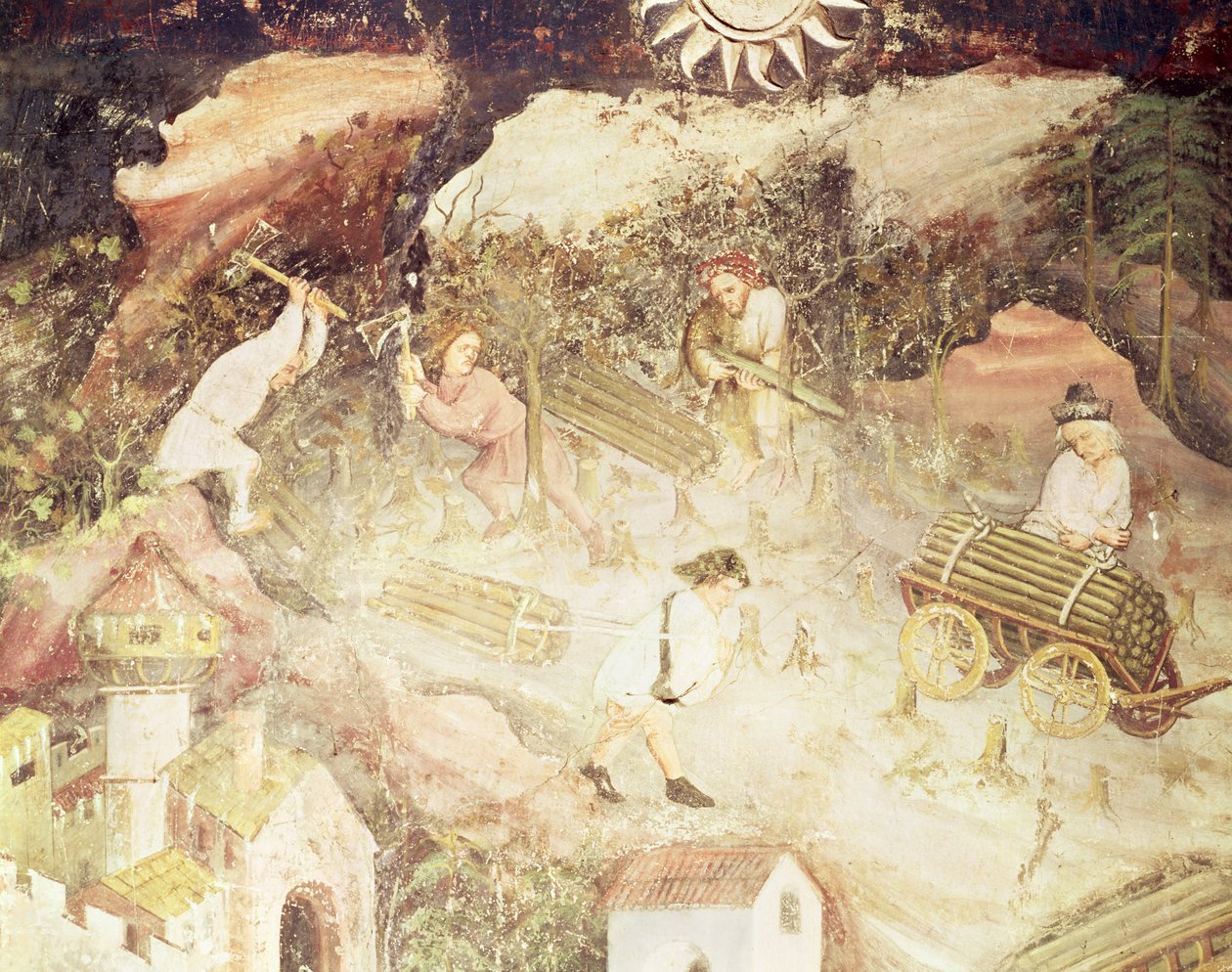 December månad, detalj av män som hugger ner träd, ca 1400 (fresk) av Bohemian School