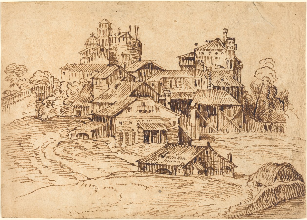 Utsikt över en italiensk stad (efter Titian eller Domenico Campagnola) av Bolognese 17th Century