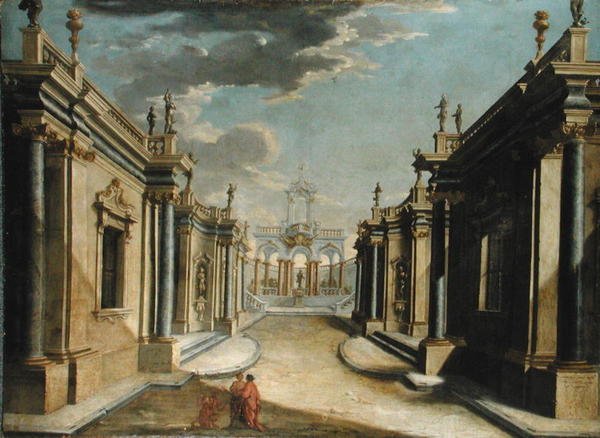 En arkitektonisk Capriccio som skildrar berättelsen om Minyas döttrar (olja på duk) av Bolognese School