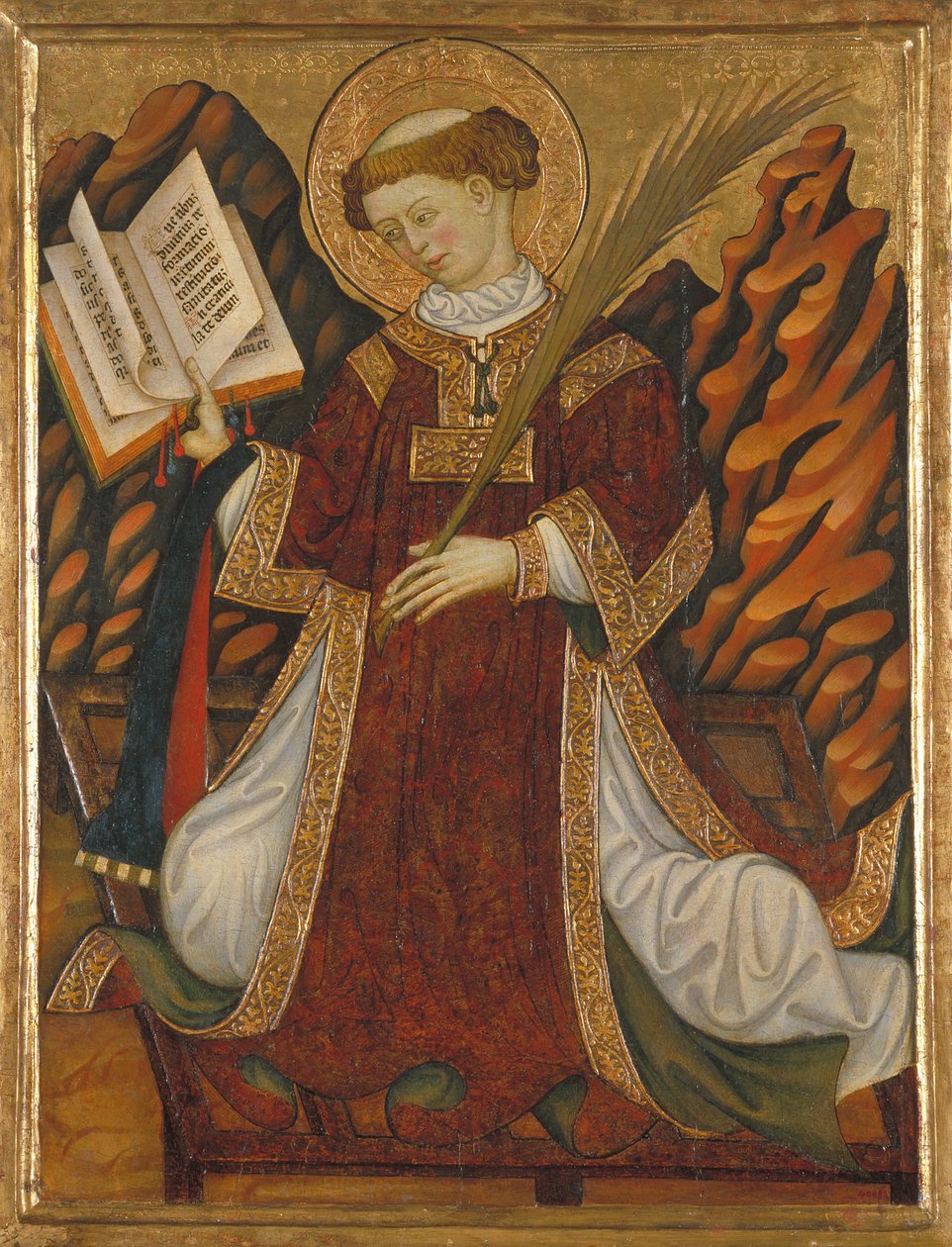 Sankt Laurentius av Rom (omkring 210-258) (i kostymen av en diakon som läser Bibeln och håller martyrernas handflata, knäböjer på grillen för sin tortyr) - Målning av Bonanat Zaortiga (aktivt 1400-tal), tempera på trä (80 ,2x62 cm), cirka 1430 - Saint Lawr av Bonanat Zaortiga