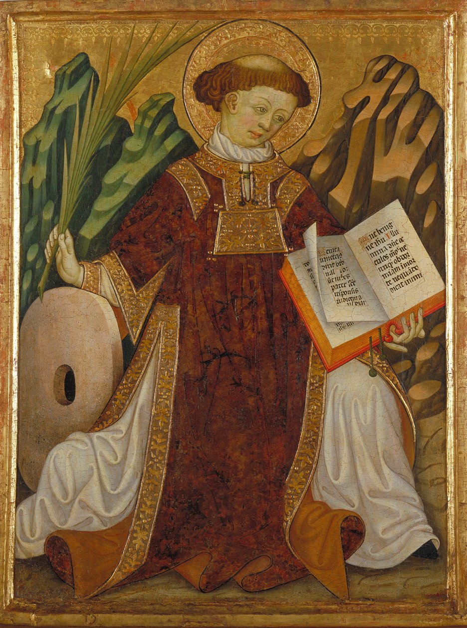 Saint Vincent of Zaragoza (300-talet) (i kostymen av en diakon som läser Bibeln och håller martyrernas handflata, nära kvarnstenen för hans tortyr) - Målning av Bonanat Zaortiga (aktivt 1400-tal), tempera på trä (80,2x61) , 5 cm), omkring 1430 - Saint Vinc av Bonanat Zaortiga