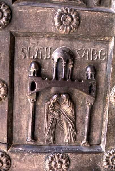 Panel med en föreställning av Visitationen på Porta di S. Ranieri av Bonannus of Pisa