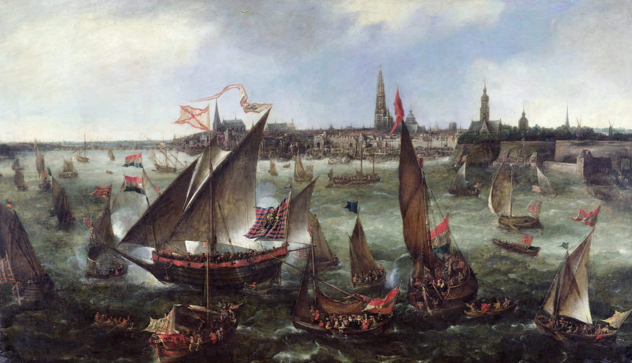 Utsikt över hamnen i Antwerpen under firandet av intagandet av Breda, 1628 av Bonaventura Peeters