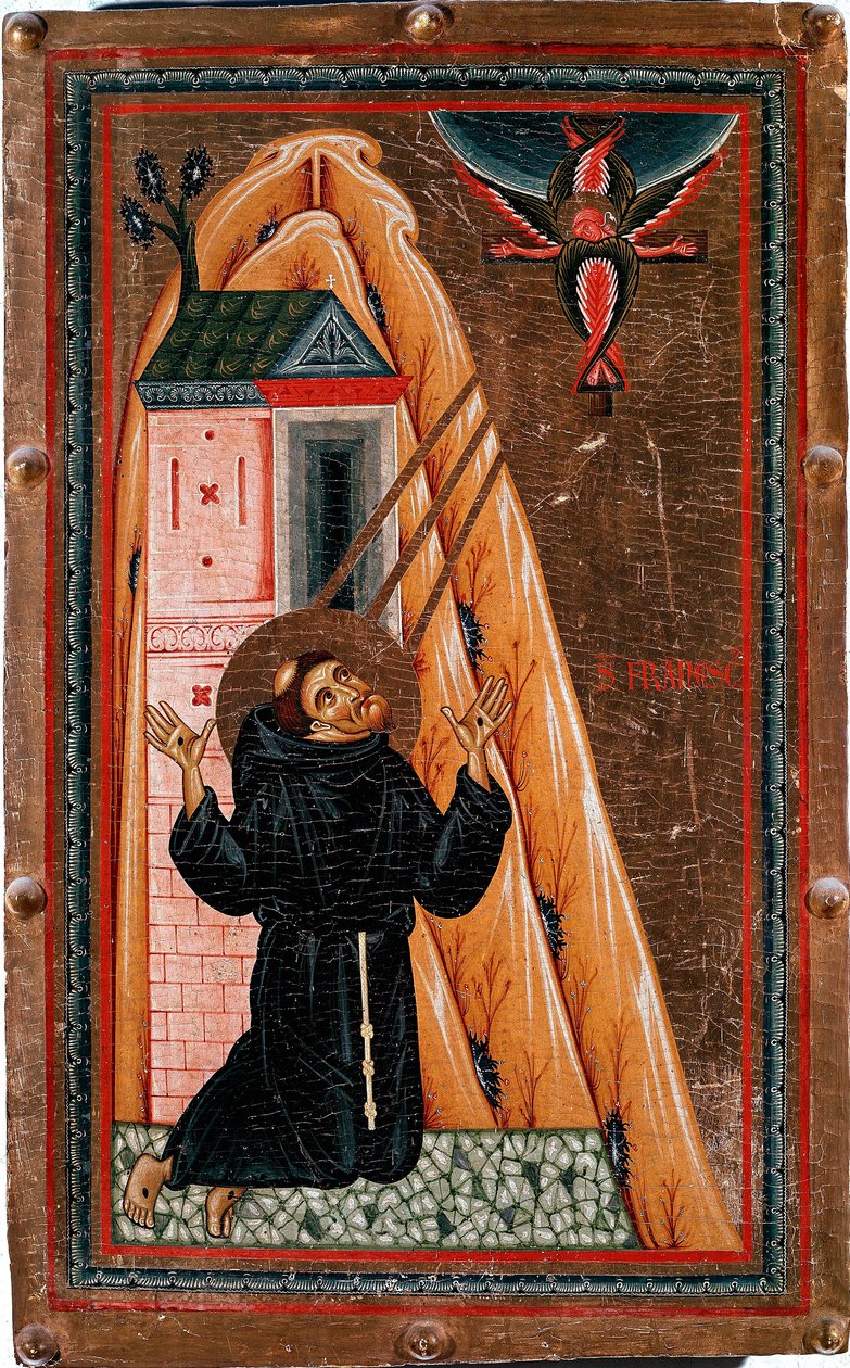 Sankt Francois av Assisis liv "" Sankt Francois får stigmas""" Jesus Kristus korsfäst framstår för honom som en serafin. Målning på trä av Bonaventura Berlinghieri (verksam ca 1228-1274), Dim. 80x51 cm Galleria degli Uffizi (Kontor) Florens av Bonaventura Berlinghieri