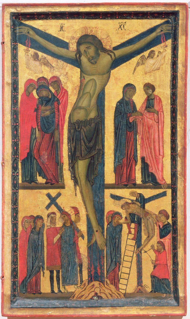 Korsfästelsen med heliga kvinnor, sörjande, Kristus på vägen till Golgata och avsättningen, högra panelen av en diptyk (tempera på panelen) av Bonaventura Berlinghieri
