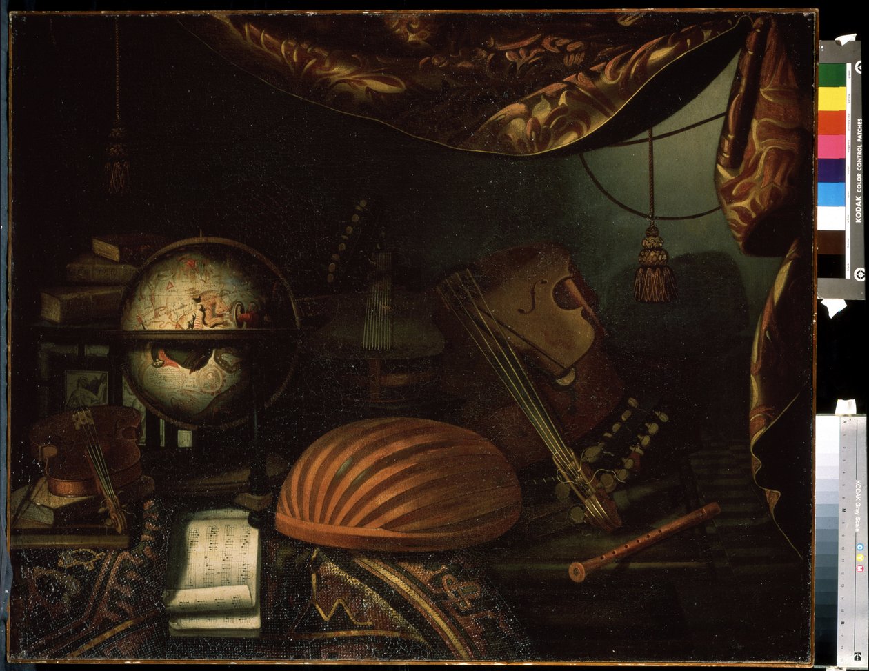 ""Still life with musical instruments"" (Still life with musical instruments) Glob, flöjt, partitur, viol, gitarr. Målning av Bonaventura Bettera (1663-1718) 1715 Pushkin Museum, Moskva av Bonaventura Bettera