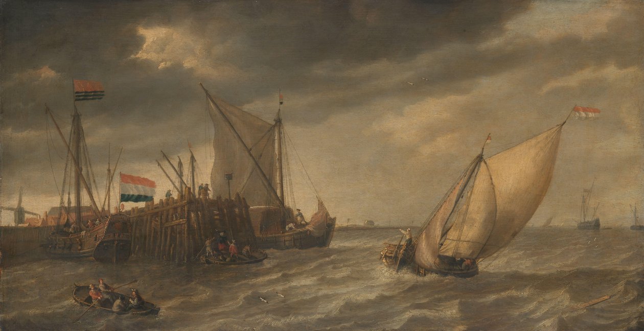 Resenärer går i land vid en brygga på Schelde i hårda vindar av Bonaventura Peeters (I)