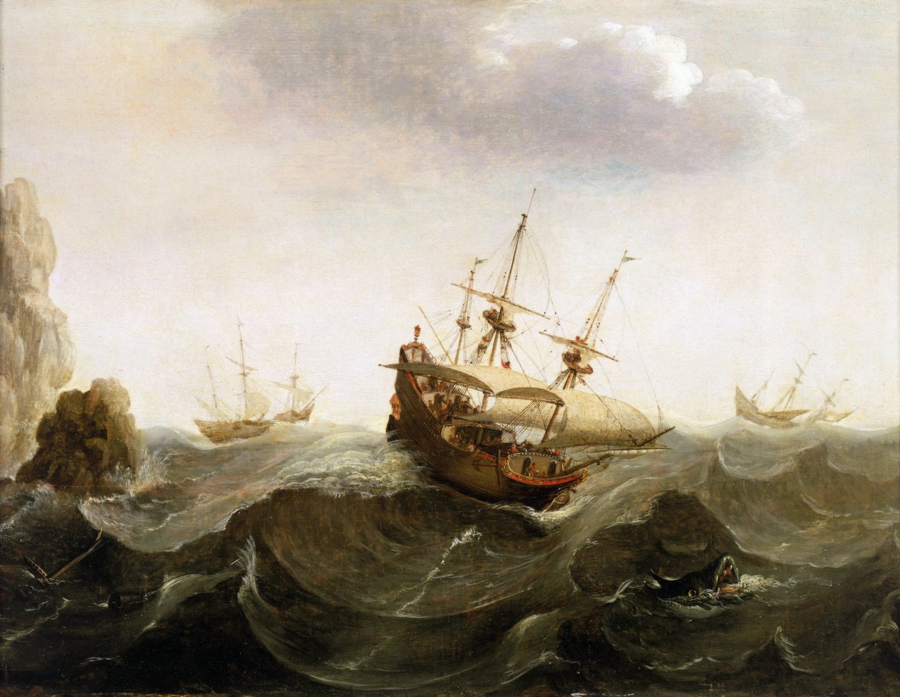Ett holländskt handelsfartyg på väg till Ostindien låter två sillfiskebåtar passera. Oljemålning, mitten av 1600-talet, av Bonaventura Peeters (1614-1652). av Bonaventura Peeters