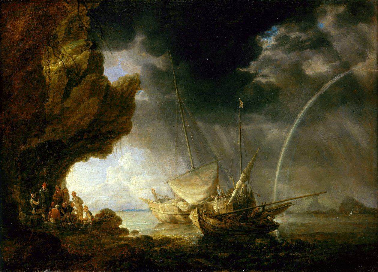 Havslandskap med sjömän som tar skydd från en regnskur, mitten av 1600-talet (olja på pannå) av Bonaventura Peeters