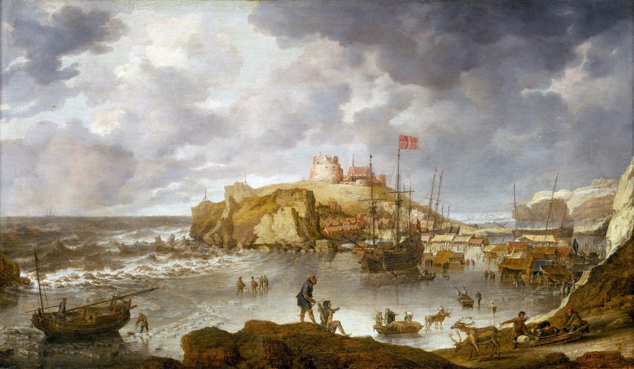 Hamnen i Archangel (Ryssland), delvis frusen, med ett fartyg som bär dansk flagg av Bonaventura Peeters