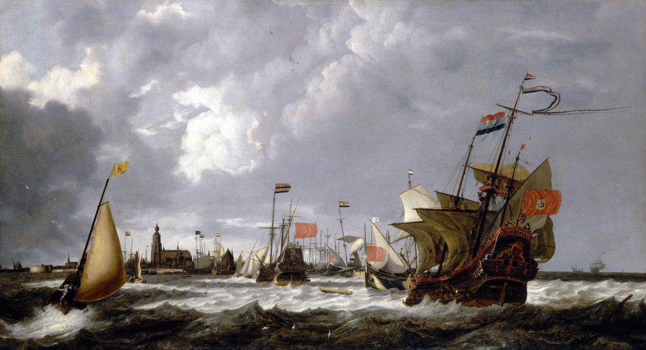 Fartygen "Hercules" och "Eenhorn" utanför Hoorns kust (Holland), med en beskrivning av staden i horisonten. Olja på duk av Bonaventura Peeters