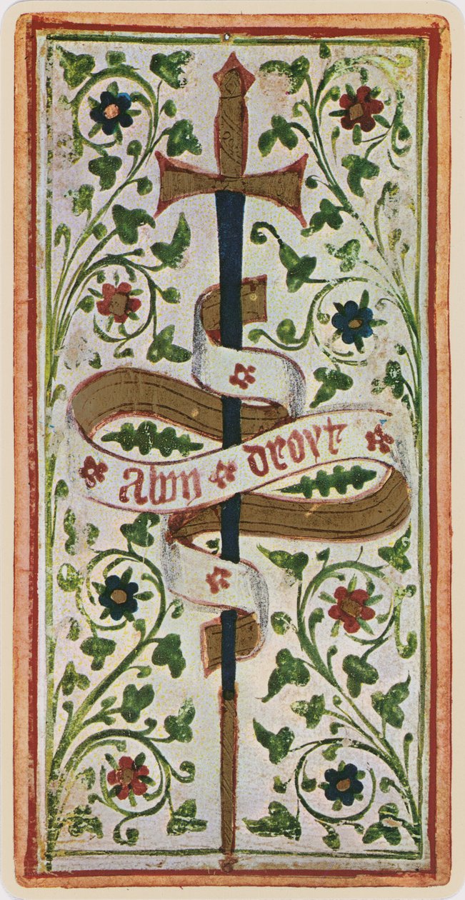 Svärdets ess, faksimil av ett tarotkort från "Visconti"-kortleken, 1441-47 av Bonifacio Bembo