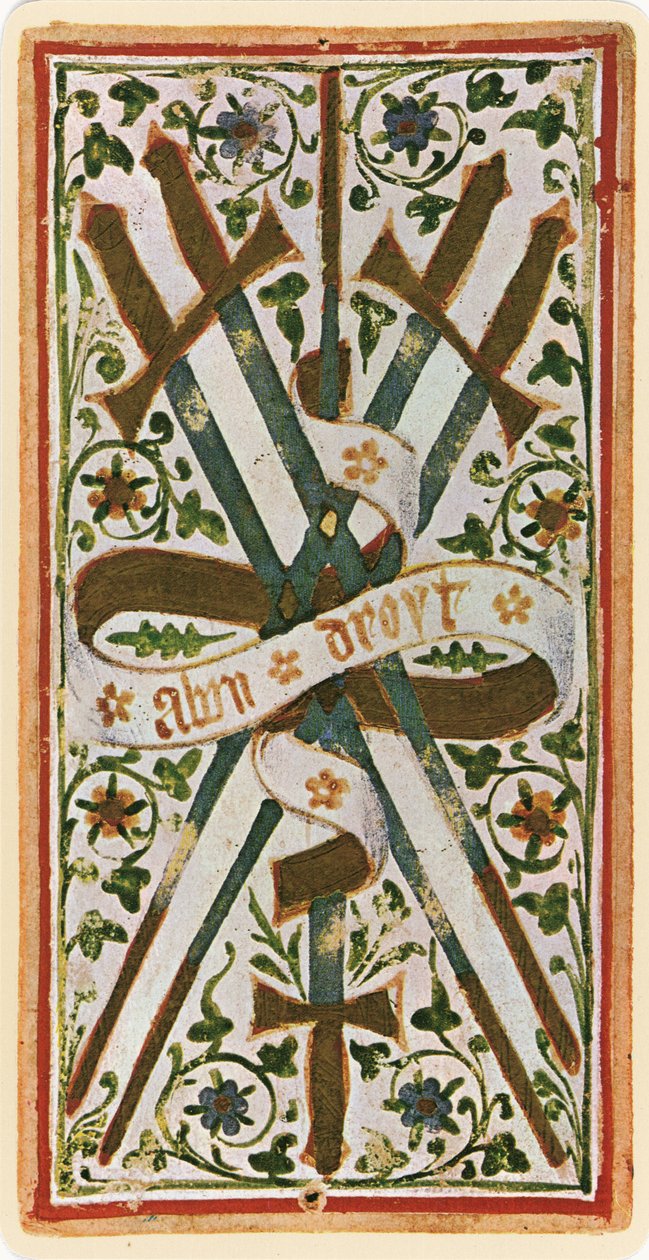 Fem av svärd, faksimil av ett tarotkort från "Visconti"-kortleken, 1441-47 av Bonifacio Bembo