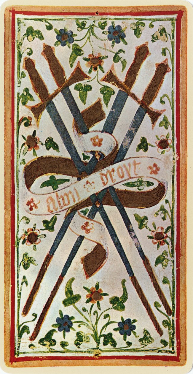 Fyra av svärd, faksimil av ett tarotkort från Visconti-däcket, 1441-47 av Bonifacio Bembo