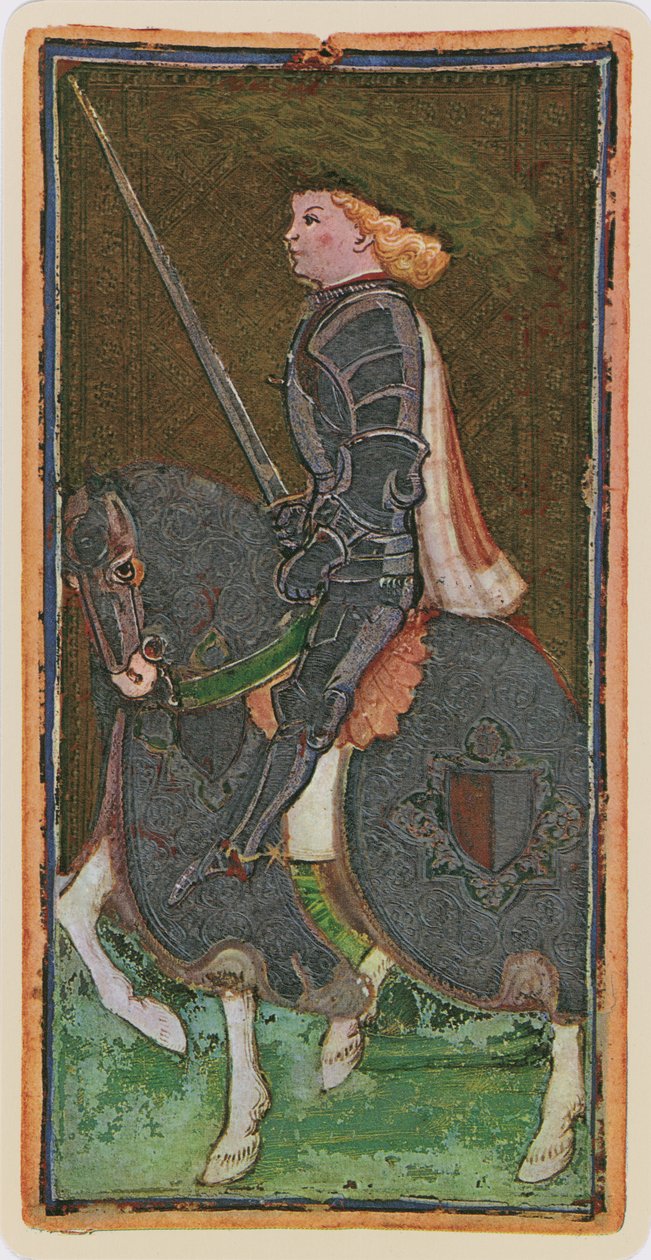 Svärdets riddare, faksimil av ett tarotkort från "Visconti"-kortleken, 1441-47 av Bonifacio Bembo
