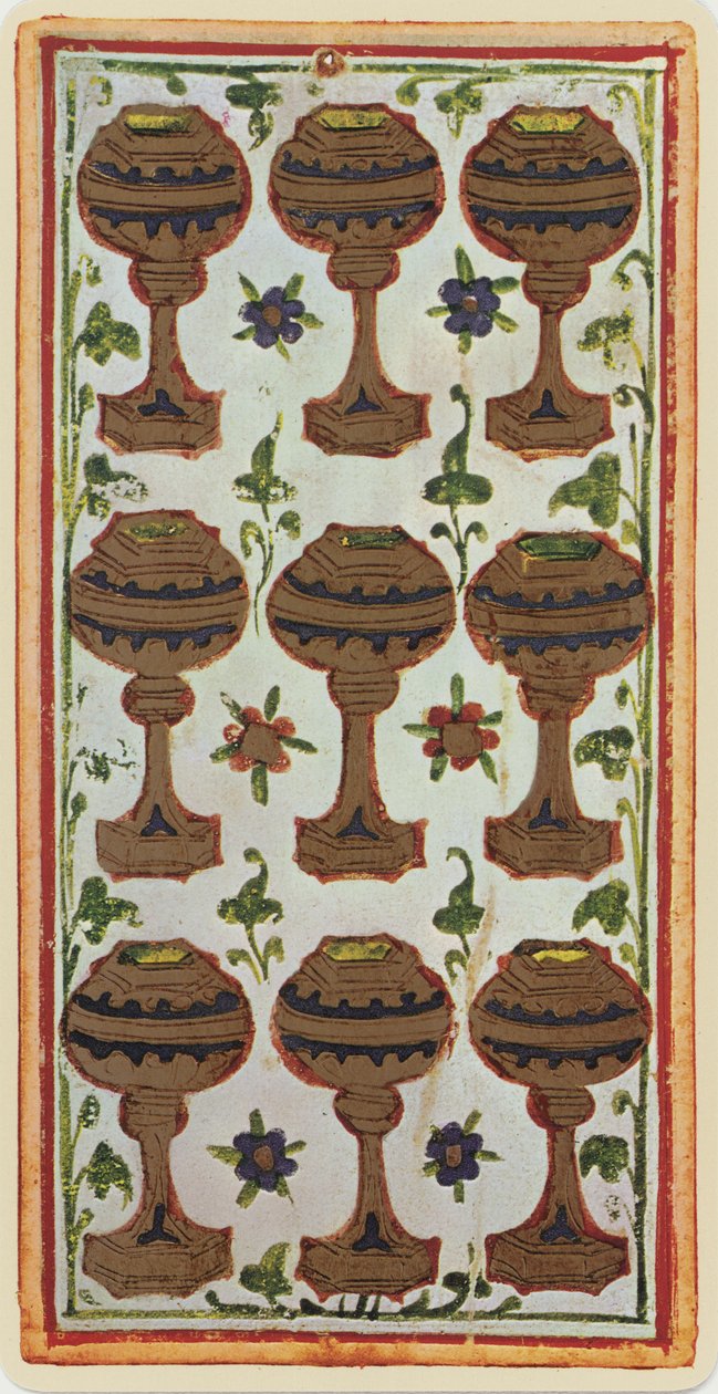 Kupornas nio, faksimil av ett tarotkort från Visconti-däcket, 1441-47 av Bonifacio Bembo