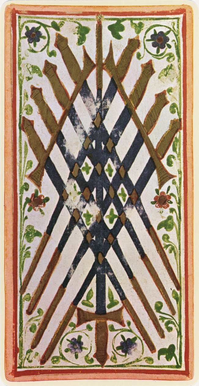 Nio svärd, faksimil av ett tarotkort från "Visconti"-kortleken, 1441-47 av Bonifacio Bembo