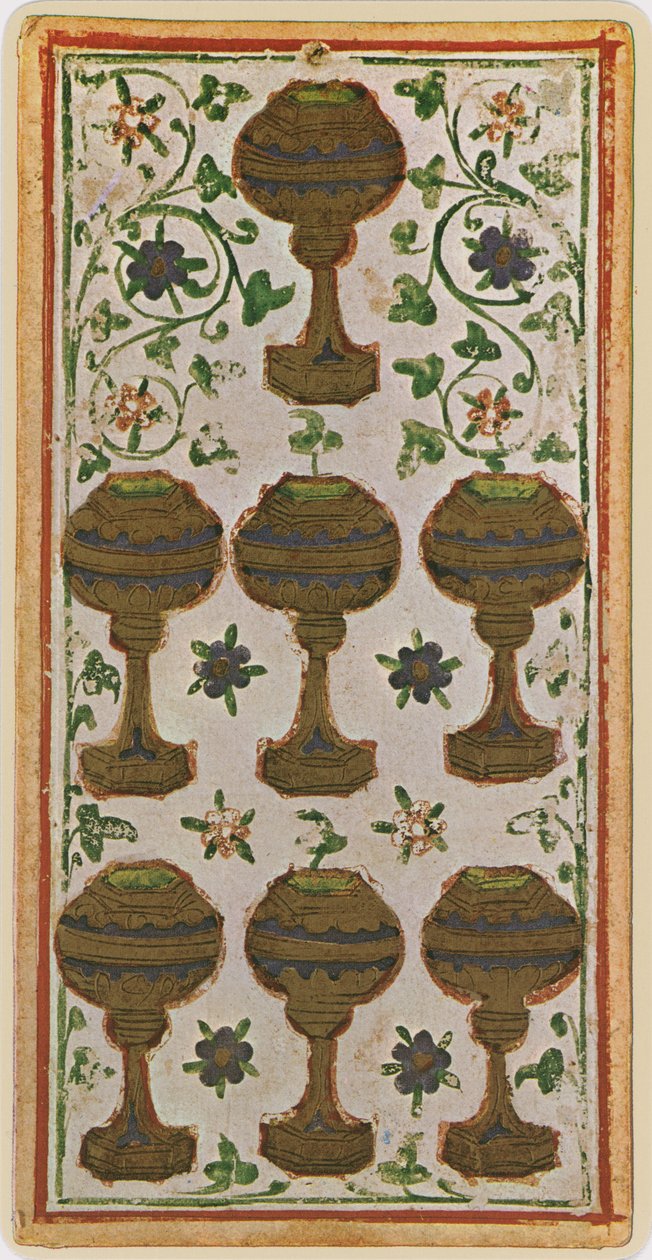 Kopparnas sju, faksimil av ett tarotkort från "Visconti"-kortleken, 1441-47 av Bonifacio Bembo