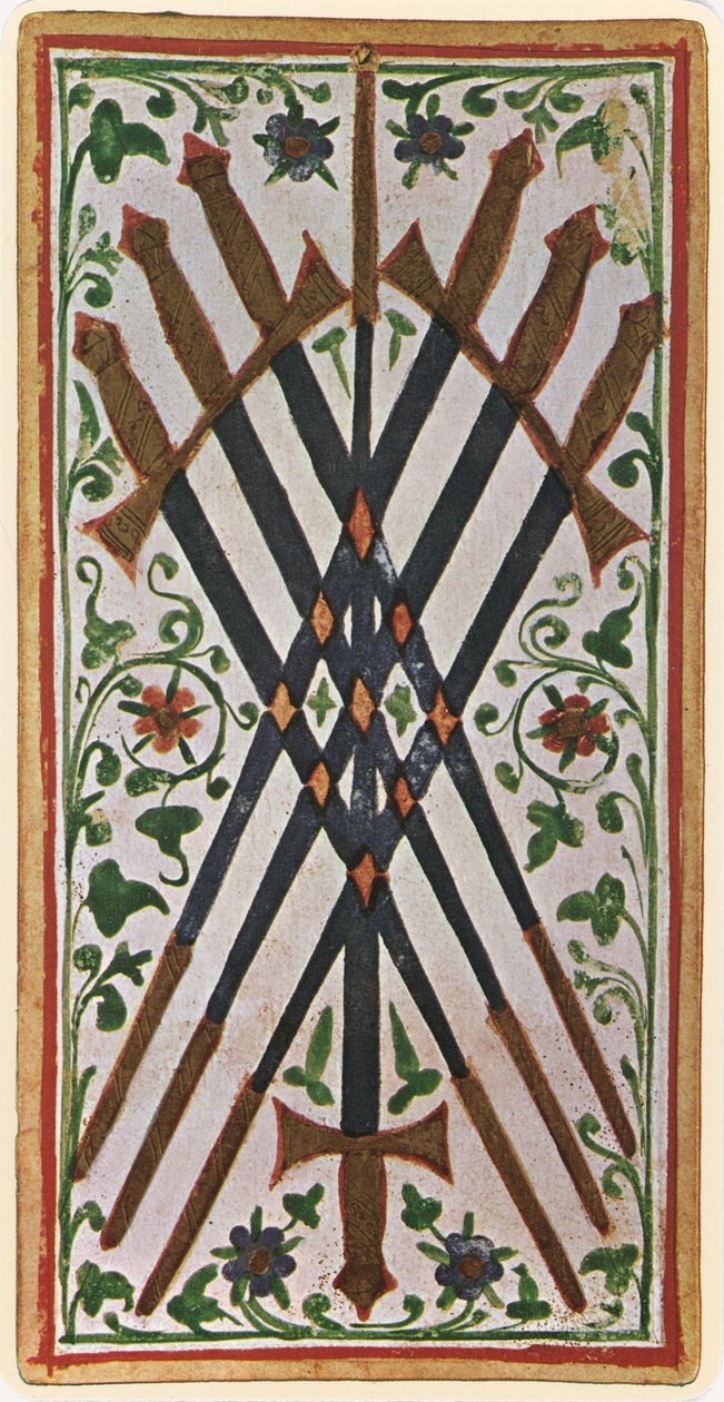 Svärdets sjua, faksimil av ett tarotkort från Viscontis kortlek, 1441-47 av Bonifacio Bembo